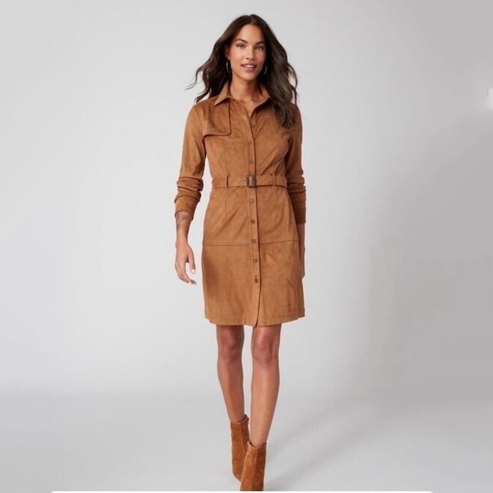 UNTUCKit Brown Long Sleeve Belted Faux Suede Talia Dress Women’s Small
